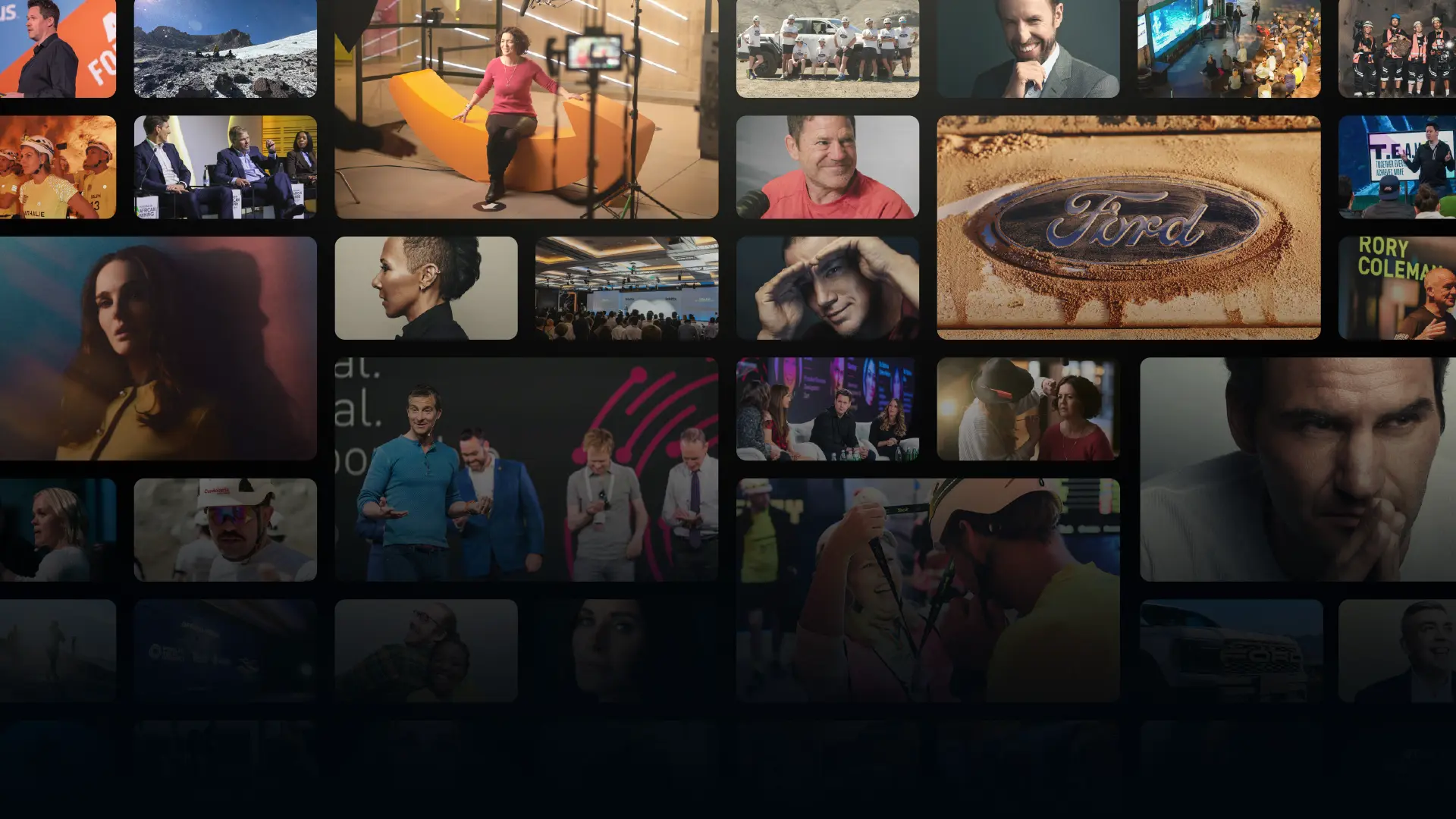 A collage of BecomingX project imagery spanning events, interviews, expeditions, film production and client work.