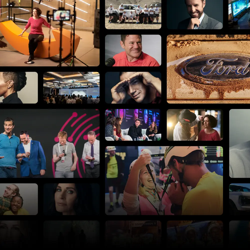 A collage of BecomingX project imagery spanning events, interviews, expeditions, film production and client work.