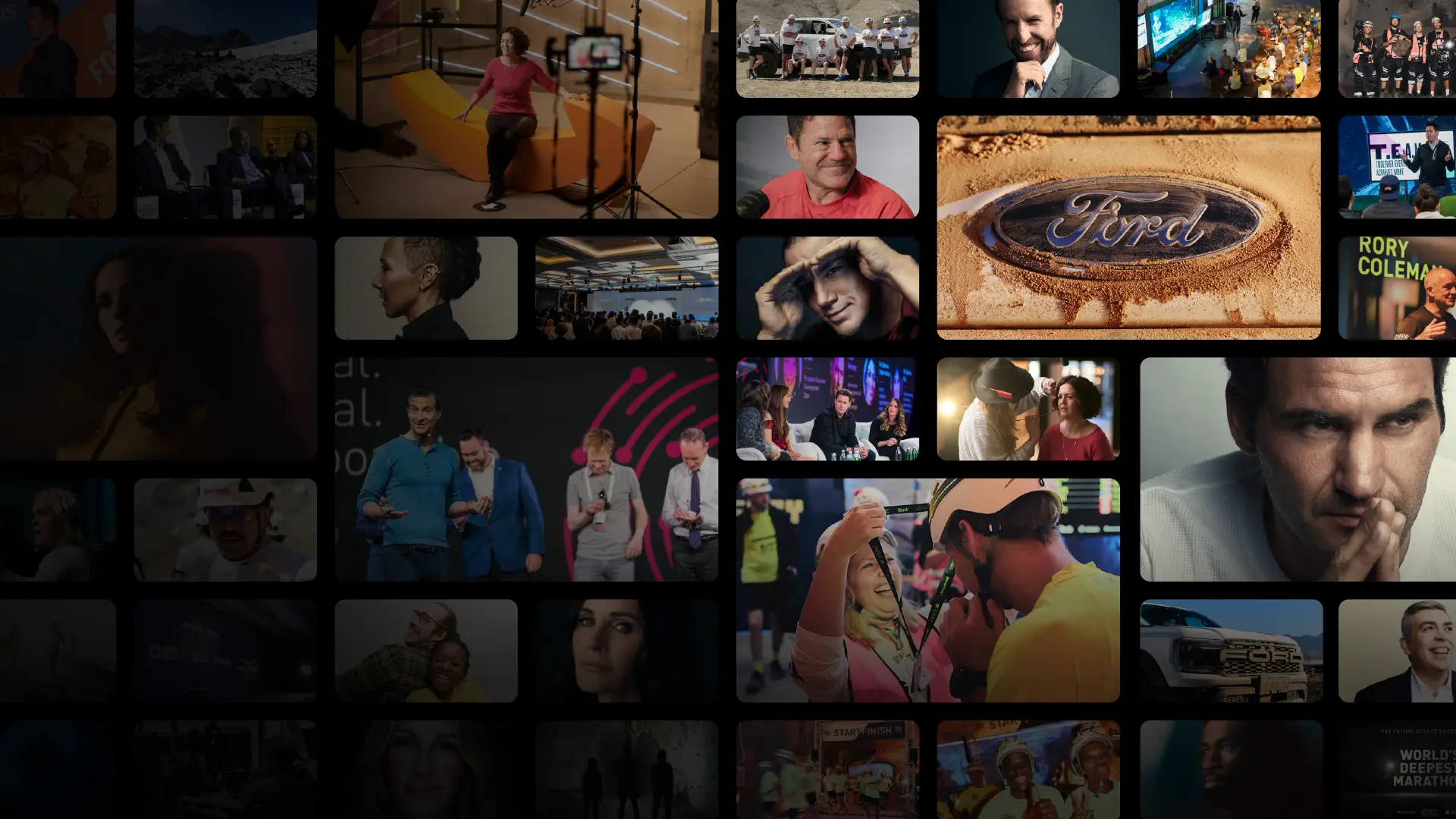 A collage of BecomingX project imagery spanning events, interviews, expeditions, film production and client work.