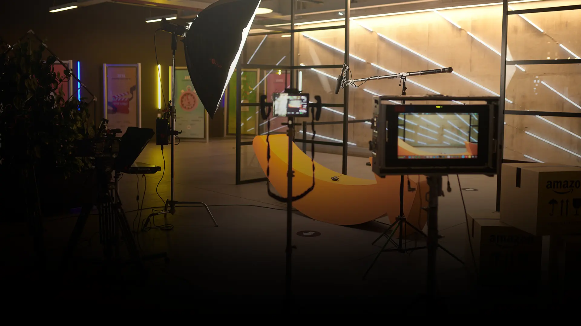 A professional film and video production setup on location at an Amazon office.