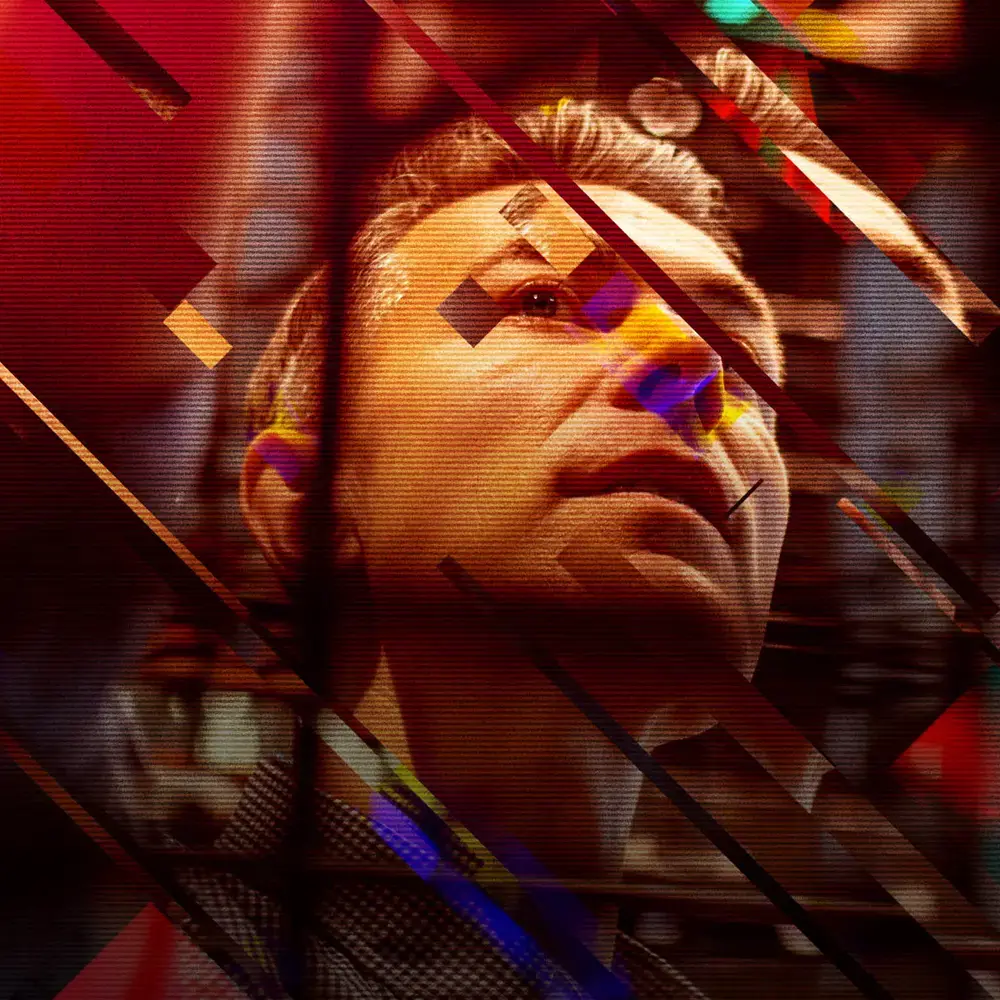 A stylised close-up portrait with bold graphic overlays, used in BecomingX Ukraine.